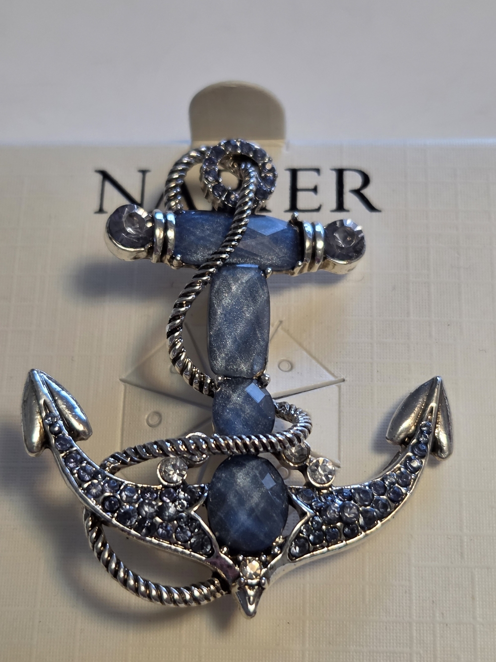 Vtg Napier Silver-Tone & Blue Nautical Anchor Brooch Pin with Rhinestone Accents